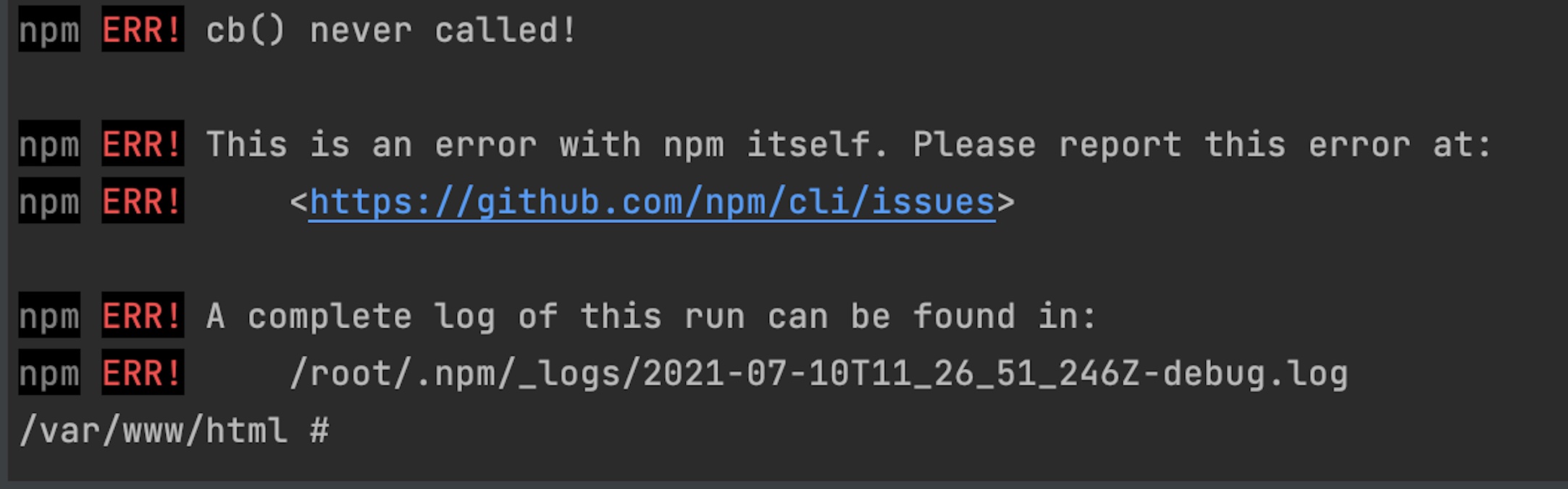 [npm] npm install で npm ERR! cb() never called! が出たらキャッシュクリアすると良いらしい